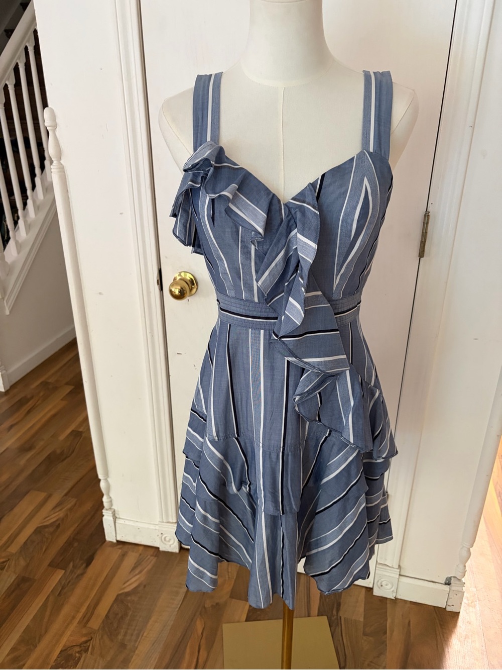 Sandro Paris Striped Blue Ruffle Party Fit & Flare Dress, Size 2 / XS, Like New